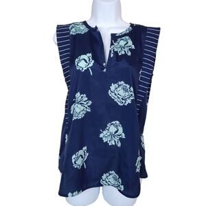 J Crew Blouse Sz 00 Peony Print Sleeveless Blouse Navy Mint Notch Neck